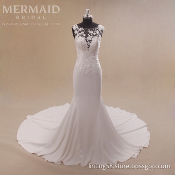 Sexy illusion back lace long trail mermaid wedding dress